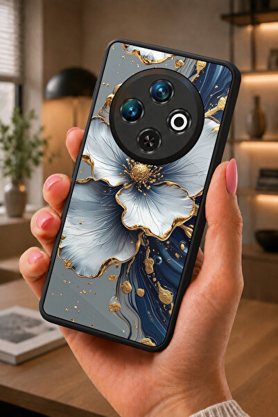 TECNO Spark 30C Uyumlu Yaldız Çiçek Tasarımlı Glossy Mat Siyah Silikon Telefo...