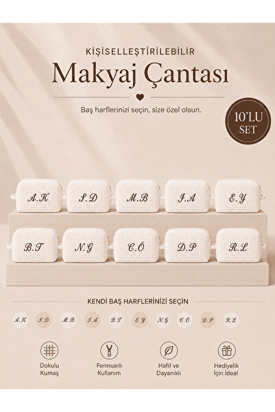 Beige & Stone Beyaz Kişiye Özel Harf Nakışlı 10'lu Pamuklu Hediyelik Kadın Ma...