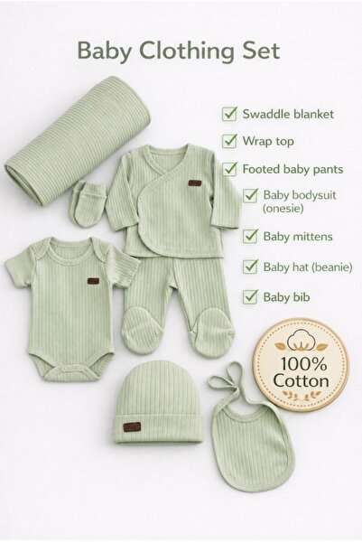 Generic Brand Set cadou hăinuțe nou-născut, 7 piese, 100% bumbac, culoare verde