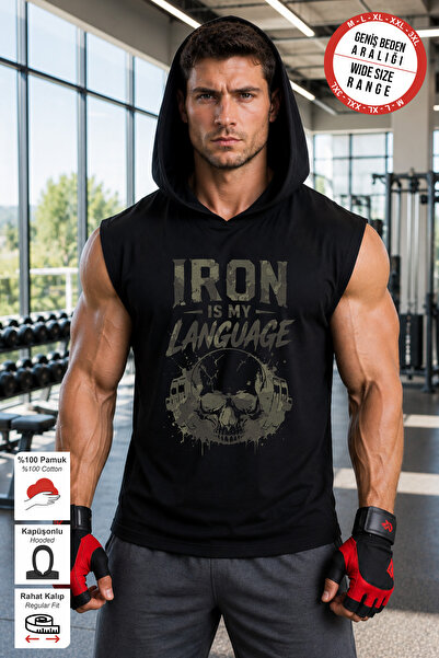 BESSA Black Iron Lang Printed Standard Fit Hooded Sports Athlete Cotton Fabri...