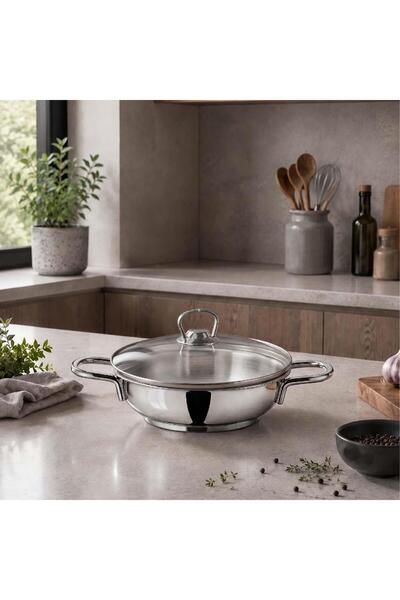 FALEZ Stainless Steel Pan 24 cm with Induction Base and Glass Lid