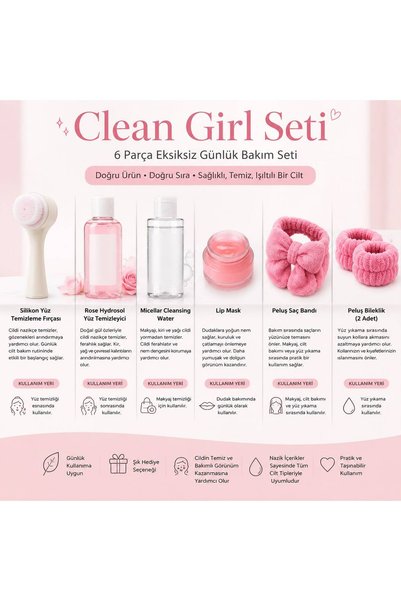 MAISON GLOWEN Clean Girl Cilt Bakım Seti 6 Parça | Yüz Temizleme Fırçası, Micellar Su, Yüz Temizleyici, Lip Mask, Saç Bandı ve Bileklik Seti +SÜPRİZ HEDİYELİ