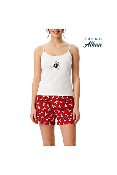 Yumuşak Dokulu Panda Baskılı İp Askılı Örme Pijama takımı