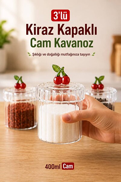 HAZARPAZAR 3’lü Cam Kiraz Kapaklı Kavanoz Seti 400 ml – Saklama Kabı Dekorati...