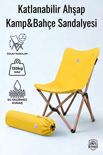 BTNES Katlanabilir Ahşap Bahçe ve Kamp Sandalyesi Taşınabilir Bahçe Balkon Sa...