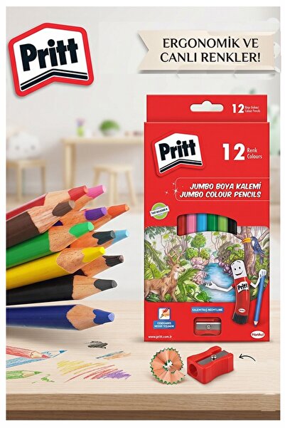 Artmaster 12 li Jumbo Kuru Boya Kalemi Üçgen 1 Paket Pritt Kalın 12 Renk Jumb...
