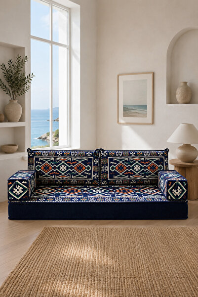 FEYZA DECOR HOME Lacivert Anadolu Desenli 5 Parça Şark Köşesi Minder Takımı -...