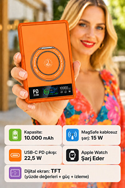 L'eDoren Ultra İnce 15W MagSafe Kablosuz Powerbank 10000mAh Watch Şarjlı 360°...
