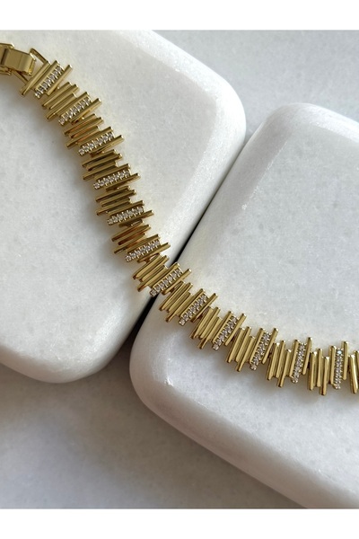 Tuysa Jewelry Çelik, Özel Seri, Geometrik Çubuk Detaylı Zirkon Taşlı Bileklik