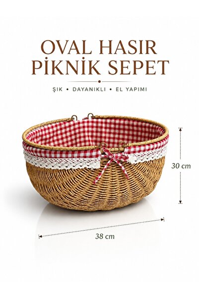 Rosie Piknik Sepeti Oval Hasır Detaylı 38 cm