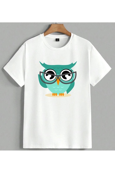 ELFERA Minye Gozluk Turquoise Owl Printed Unisex Oversize T-Shirt White