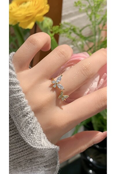 ATALYA ACCESSORY خاتم نسائي قابل للتعديل بحجر الزركون على شكل فراشة مزدوجة