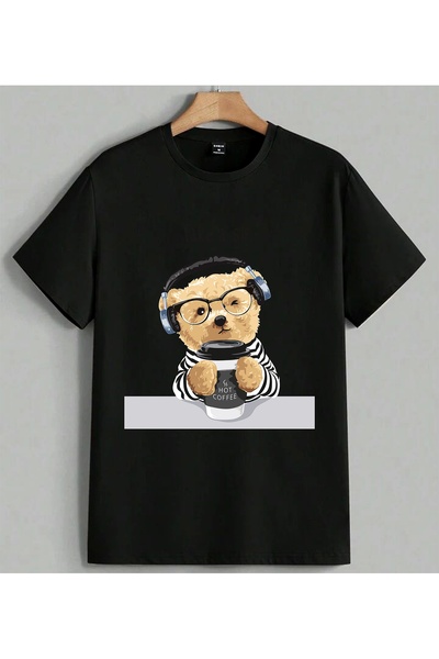 ELFERA Μπλουζάκι Unisex Oversize με στάμπα Take A Sip Teddy Kahve, Μαύρο