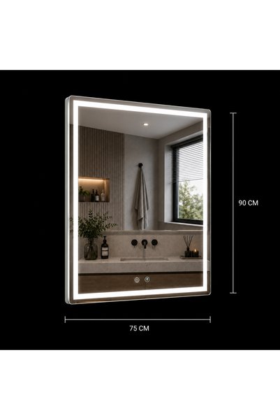 Alessandro DESIGN Oglinda LED WAMOSK, 52W, 75x90cm, Alb, Senzor, Lumina 3000K, 4000K, 6000K, Sistem Dezaburire, Metal, Functii Ceas si Temperatura