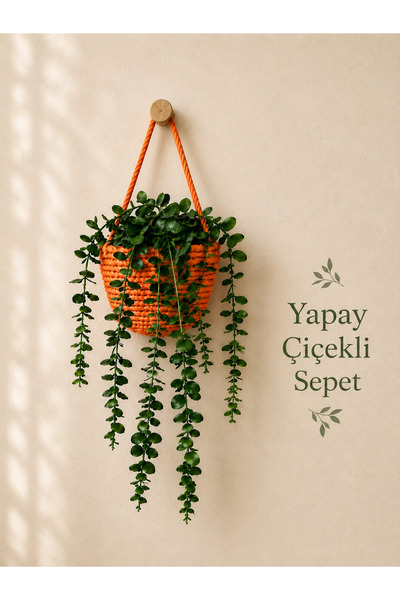 ÖRGÜM Okaliptuslu Mini Sepet Dekoratif Sepet AHŞAP ASKI DAHİL DEĞİLDİR