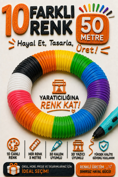 BOTE CONCEPT 3D Kalem İçin PLA 10 Canlı Renk Filament Seti 50 Metre – 10 Canl...