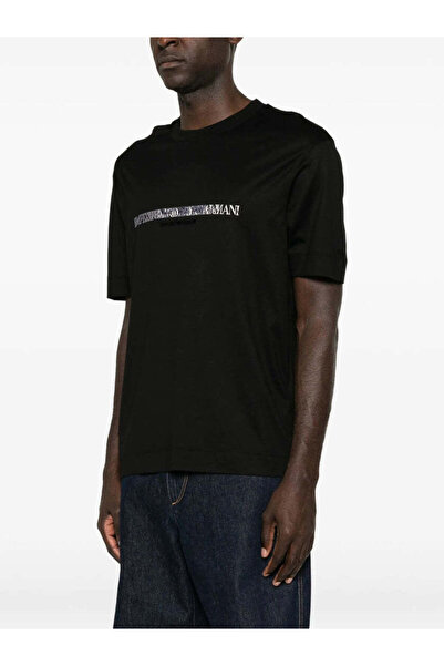 Emporio Armani Men's Regular Fit Logo Embroidered Short Sleeve Black T-Shirt