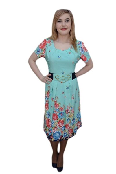 OEM Rochie turcoaz cu flori multicolore si curea aplicata in talie