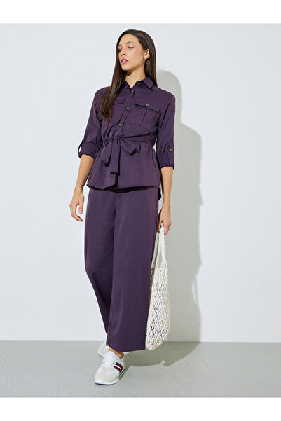 Styli Purple Roll-Up Sleeve Pocketed Shirt and Pants Co-ord Set