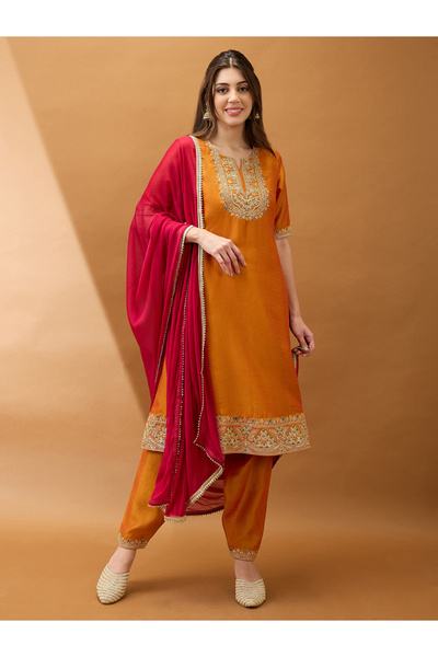 Globus By Styli Women Yellow Sequined Zari Embroidered Kurta with Pant and Du...