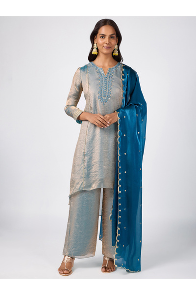 Silver Lime By Styli Blue Mirror Yoke Asymmetric Kurta Pants and Dupatta Set