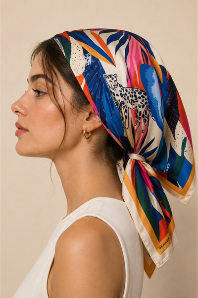 Sehlen Kadın Tropikal Leopar Desenli Saten Fular Bandana 56x56 cm - Açık Taş ...