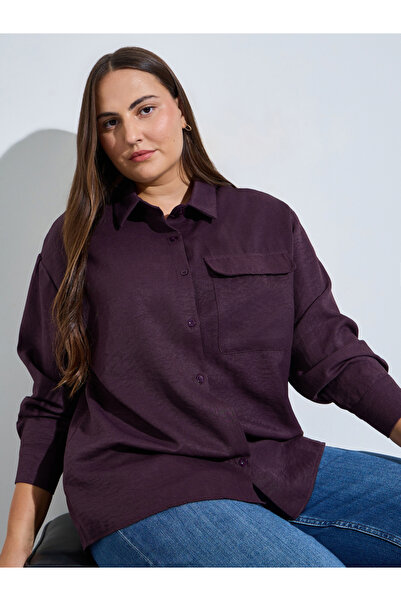 Styli Plus Size Burgundy Pocket Detail Textured Oversized Shirt