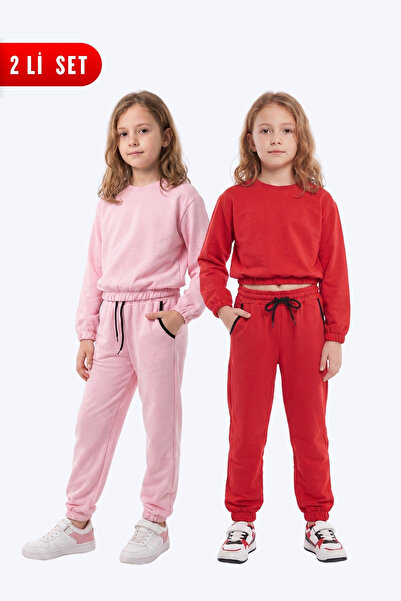 FYK KİDS 2-Piece Round Neck, Elastic Waist, Cropped Cut, 4-Piece Girls' Top a...