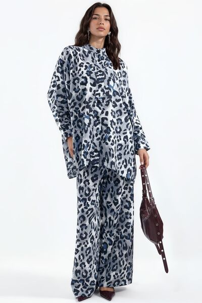 Hiccup Msn Leopard Patterned Belted Tunic and Wide Leg Pants Set