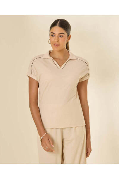 REDTAG Women Beige Plain Ladder Lace Detail Polo