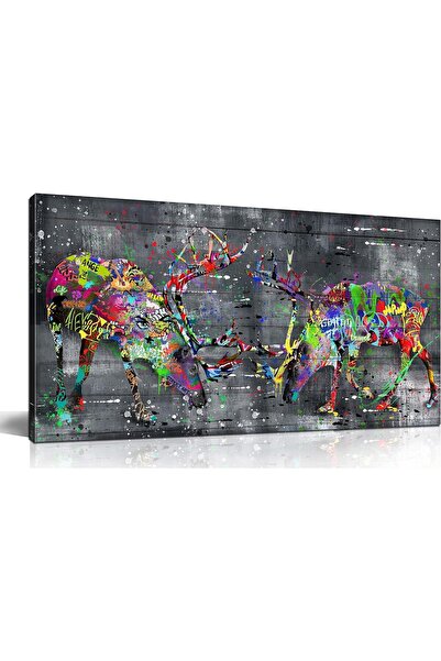 HOME MODE Graffiti Fighting Deer Canvas Wall Art | 50x100 Inches Gallery Wrap...