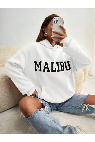 WESTİMO Women's White Malibu Printed 3 Thread Hooded Hoodie Sweatshirt