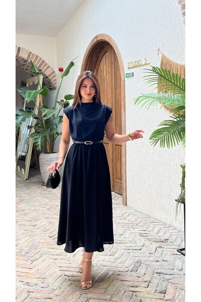 verabelle Padded Shoulder Pleated Detailed Belted Dress