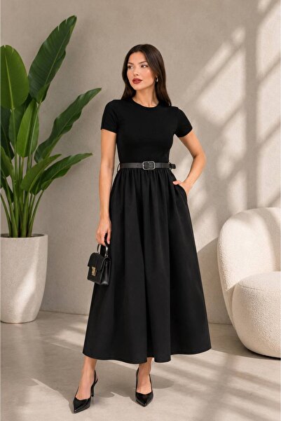 Nura Boutique Kemerli Kısa Kollu Alt Poplin Elbise