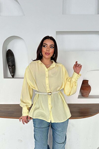 Moda Days Women's Yellow Modal Shirt with Belt, Buttoned Balloon Sleeves, Cuf...