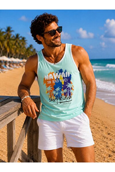İLKCET MODA Men's Beach Themed Printed Oversize Tank Top