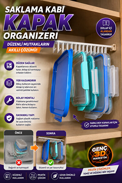 Genç 3D Saklama Kabı Kapak Organizerı - Dolap ve Çekmece İçi Düzenleyici Kapa...