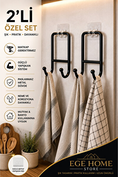 EGE HOME STORE Yapıskanlı 2 adet çift kancalı banyo mutfak askısı metal askıl...