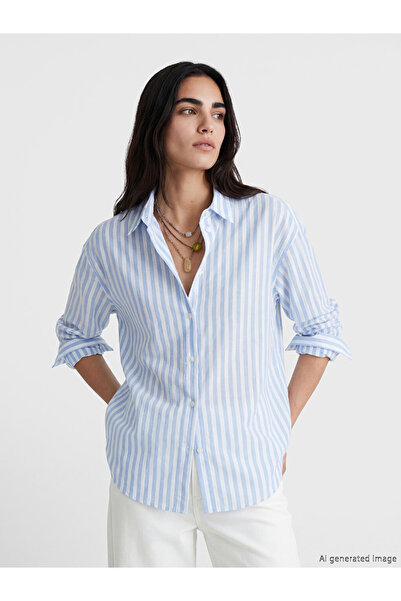 LC Waikiki Blue Striped Oversize Poplin Women's Shirt