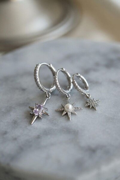 norsary Set of 3 Earrings Silver Color Pole Star Model