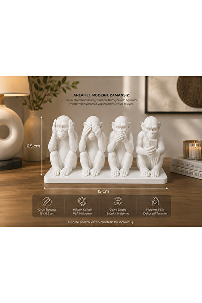 EMAS DESİGN Modern Dört Maymun Dekoratif Biblo – Beyaz | 3D Baskı Masa ve Raf...