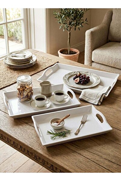 Trust 3-Piece Melamine Rectangular Serving Tray Set White, Small Size 40cm, M...
