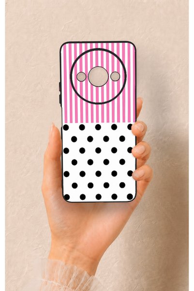 Vip Case Redmi A3 Compatible Pink Striped Polka Dot Patterned Silicone Case