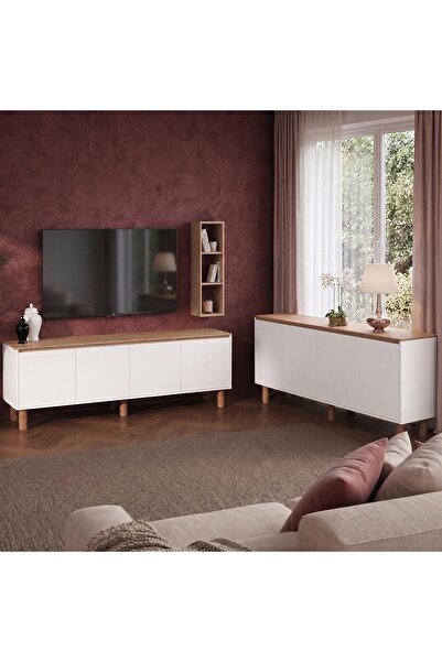 Bimossa G4410 Terra Sepet-Beyaz Duvar Raflı TV Ünitesi ve Konsol Takımı