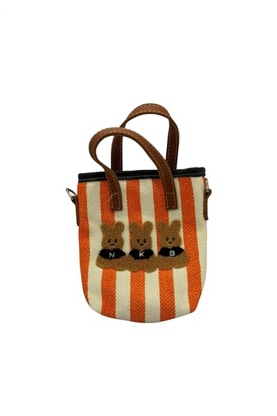 Bounty Orange Striped Shoulder Handbag with Teddy Bear and Adjustable Handle