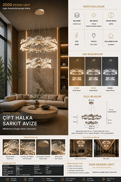 Genel Markalar 60+40 cm Çift Halka LED Avize | 100W | 3 Renk Aydınlatma