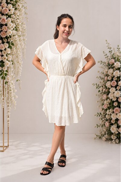 OEM Rochie de vara din bumbac Paula cu imprimeu de stelute, nuanta crem deschis