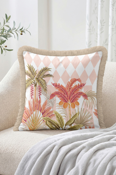 Realhomes Tropical Palm and Leaf Figured Diamond Patterned Fringed Throw Pill...