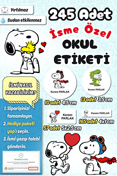 Sticker Ekspres Okul Etiketi Snoopy Kalem Defter Etiketi Özel İsim Yazılabile...