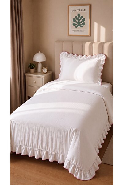 RH Rosehan 100% Cotton Overlocked Ruffled Single Duvet Cover Set with Elastic...